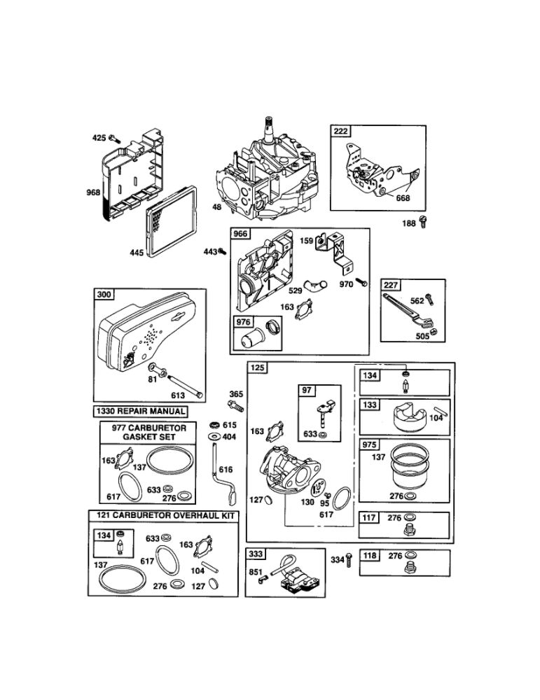 Carburetor/Air Cleaner/Short Block Diagram and Parts List for 124T02-3773-EA  Briggs and Stratton Engine